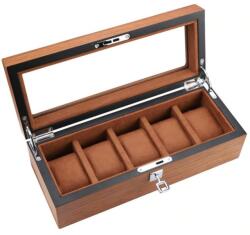 Pufo Cutie caseta din lemn pentru depozitare si organizare 5 ceasuri, model Pufo Elite Edition cu cheita, maro