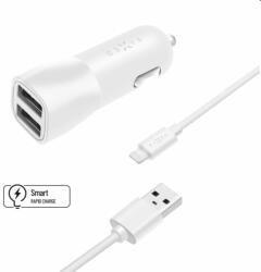 FIXED Autós töltő Smart Rapid Charge 2x USB kábellel USB/Lightning MFI 1m, 15 W, fehér (FIXCC15-2UL-WH)