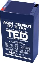 TED Electric Acumulator AGM VRLA 6V 6.1A dimensiuni 70mm x 48mm x h 101mm F1 TED Battery Expert Holland (AGM TED661F1 6V 6.1Ah F1 terminal)