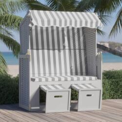 vidaXL Scaun de plajă cu baldachin, gri&alb, poliratan și lemn masiv (318652) - vidaxl