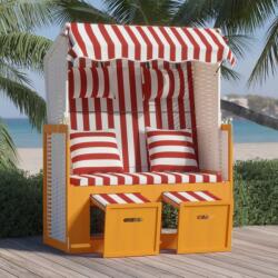 vidaXL Scaun de plajă cu perne, roșu&alb, poliratan și lemn masiv (318665) - vidaxl