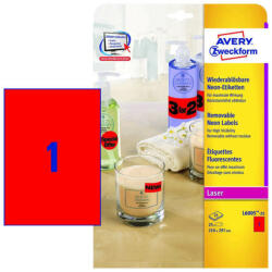 Avery Zweckform 210*297 mm-es Avery Zweckform A4 íves etikett címke, neon piros színű (25 ív/doboz) (L6005-25) - cimke-nyomtato