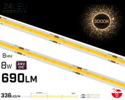 24LED Banda LED COB 320LED M, 24V , 8W , 3000K , IP66 , 730lm , Cri90 , 8.3mm 2oz Cooper Versiune PRO