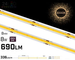 24LED Banda LED COB 320LED M , 24V , 8W , 3000K , IP20 , 730lm , 8mm , 2oz Cooper Versiune PRO