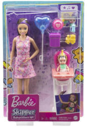 Mattel Barbie - Skipper Babysitters - Barna hajú bébiszitter baba etetőszékben ülő kisbabával (FHY97/GRP40)