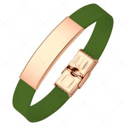BALCANO - Zöld színű bőr karkötő, gravírozható, téglalap alakú 18K rozé arany bevonatú nemesacél fejrésszel / 16 cm