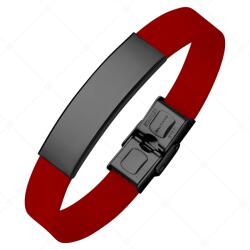 BALCANO - Piros bőr karkötő, gravírozható, téglalap alakú fekete PVD bevonatú nemesacél fejrésszel / 15 cm