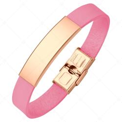 BALCANO - Rózsaszínű bőr karkötő, gravírozható, téglalap alakú 18K rozé arany bevonatú nemesacél fejrésszel / 19 cm