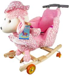 Balansoar cu rotile, din lemn si plus pentru bebelusi, emite sunete muzicale, Catelus roz, 58 x 34 x 58 cm (NBN000RB-C01)