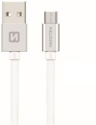 SWISSTEN Adatkábel textil bevonattal, USB/mikro USB, 0.2 m, Ezüst/fehér (71522103)