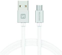SWISSTEN Adatkábel textil bevonattal, USB/mikro USB, 2 m, Ezüst/fehér (71522303)
