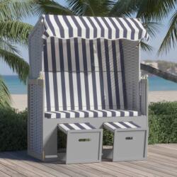 vidaXL kék és fehér polyrattan és tömör fa strandszék tetővel (318651)