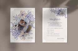 Meghívó kétoldalas kék bézs virágos design-nal egyedi szöveggel nyomtatva