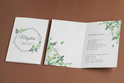  Meghívó négyoldalas zöld virágos design-nal egyedi szöveggel nyomtatva