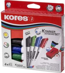 Kores tábla- és flipchart marker készlet mágneses táblatörlő szivaccsal, 1-3 mm, kúpos, 4 különböző szín (KO20863)