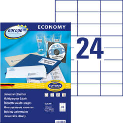 Avery-Zweckform europe100 No. ELA011 fehér színű 70 x 37 mm méretű, univerzálisan nyomtatható, öntapadós etikett címke, permanens ragasztóval A4-es íven - kiszerelés: 2400 címke / 100 ív
