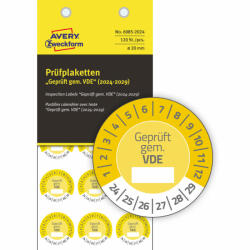 Avery Zweckform No. 6985-2024 sárga színű, 20 mm átmérőjű, öntapadós biztonsági hitelesítő címke, 2024-2029-es évszámmal, Geprüft gemäß VDE felirattal - kiszerelés: 120 címke / csomag