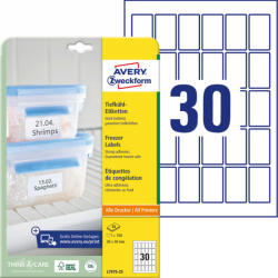  Avery Zweckform No. L7975-25 fehér színű 30 x 50 mm méretű univerzálisan nyomtatható öntapadós etikett címke, erős tapadású fagyálló ragasztóval A4-es íven - kiszerelés: 750 címke / 25 ív