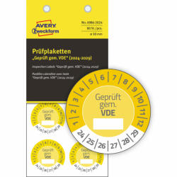 Avery Zweckform No. 6986-2024 sárga színű, 30 mm átmérőjű, öntapadós biztonsági hitelesítő címke, 2024-2029-es évszámmal, Geprüft gemäß VDE felirattal - kiszerelés: 80 címke / csomag