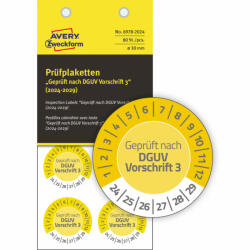Avery Zweckform No. 6978-2024 sárga színű, 30 mm átmérőjű, öntapadós biztonsági hitelesítő címke, 2024-2029-es évszámmal, Geprüft nach DGUV Vorschrift 3 felirattal - kiszerelés: 80 címke / csomag