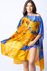 SHOPIKA Rochie de plaja tip poncho din matase cu stilizare Floarea Soarelui pe fond albastru Albastru/galben Talie unica