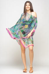 SHOPIKA Rochie de plaja tip poncho de plaja cu mandale multicolore si margine mov cu roz, matase si vascoza Talie unica
