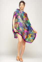 SHOPIKA Rochie de plaja tip poncho din matase imprimat cu mandale multicolore cu fucsia si bleumarin pe margine Talie unica