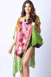 SHOPIKA Rochie de plaja tip poncho din matase cu stilizare Sarutul pe fond verde Talie unica