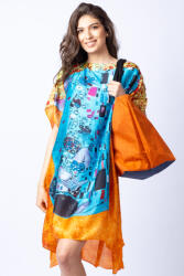 SHOPIKA Rochie de plaja tip poncho din matase cu stilizare Sarutul turcoaz pe fond portocaliu Talie unica