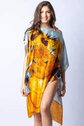 SHOPIKA Rochie de plaja tip poncho din matase cu stilizare Floarea Soarelui pe fond gri Gri/Orange Talie unica