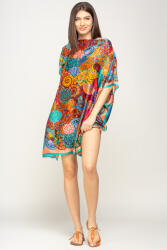 SHOPIKA Rochie de plaja tip poncho din matase imprimat cu mandale multicolore cu turcoaz si corai pe margine Talie unica