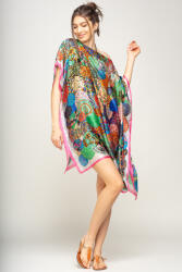 SHOPIKA Rochie de plaja tip poncho din matase imprimat cu mandale multicolore cu roz si alb pe margine Talie unica