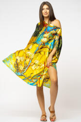 SHOPIKA Rochie de plaja tip poncho din matase cu imprimeu inspirat din pictura moderna cu galben si albastru Talie unica