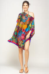 SHOPIKA Rochie de plaja tip poncho din matase imprimat cu mandale multicolore cu albastru si bordo pe margine Talie unica