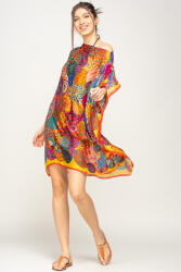 SHOPIKA Rochie de plaja tip poncho din matase imprimat cu mandale multicolore cu rosu si galben pe margine Talie unica