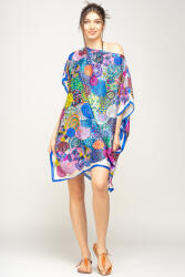 SHOPIKA Rochie de plaja tip poncho din matase imprimat cu mandale multicolore cu albastru si alb pe margine Talie unica