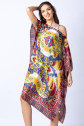 SHOPIKA Rochie de plaja tip poncho din matase cu imprimeu arabesque pe fond bordo - albastru Talie unica
