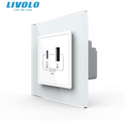 LIVOLO Priza dubla USB + USB tip C cu panou din sticla Livolo (VL-FCUA18W.UC18W-P7E-2WP)