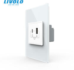 LIVOLO Priza dubla USB si USB tip C cu panou din sticla standard italian Livolo (VL-FCUA18W.UC18W-P9E-2WP)