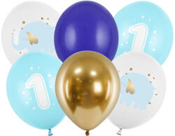PartyDeco Baloane din latex - Prima aniversare elefant albastru 6 buc