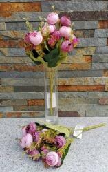 Boglárka aprófejű 5 ágú selyemvirág csokor díszítővel zöldekkel 28 cm Lila-Rózsaszín mix