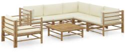 vidaXL Set mobilier de grădină, 7 piese, perne alb crem, bambus (3058215)