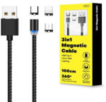MG 3in1 mágneses USB kábel + plug adapter Micro USB / USB-C / Lightning 1m, fekete (WMC-01)