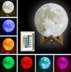  Lampa Luna 3D 20 cm, LED 16 culori, reincarcabila, telecomanda, suport lemn