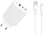 XO CE04 gyorstöltő max. 65W (Fehér) - USB-C PD + USB-A QC, Type-C kábellel