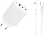 XO CE04 gyorstöltő max. 65W (Fehér) - USB-C PD + USB-A QC, micro USB kábellel