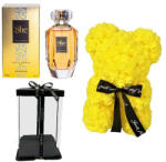 Aranjamente florale - Set cadou fete, Ursulet floral din spuma, galben 25 cm si Parfum Louis Varel She 100 ml