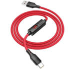 hoco. S13 adatkábel és töltő (USB - Type-C, gyorstöltés támogatás, 120cm, LED kijelző, cipőfűző minta) PIROS (S13_TYPEC_R)