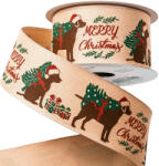  Kutyás karácsonyi szalag "Merry Christmas" felirattal, drótos szegéllyel 38mm x 6.4m - Bézs (XB3807-31)