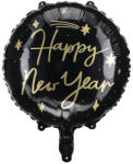 PartyDeco Happy New Year, kerek alakú, fekete fólia lufi, 45 cm